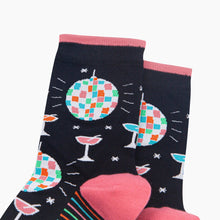 Load image into Gallery viewer, Retro Discoball &amp; Cocktail Women's Bamboo Socks in Black: UK 3-7 | EU 36-40 | US 5-9