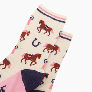 Women's Bamboo Socks - Cream, Horse Riding: UK 3-7 | EU 36-40 | US 5-9