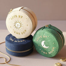 Load image into Gallery viewer, Sun and Moon Embroidered Round Jewellery Case in Green