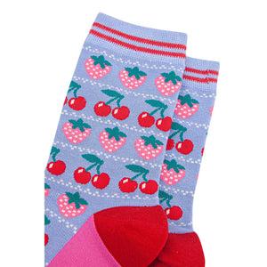 Women's Bamboo Socks - Light Blue/Red, Strawberries: UK 3-7 | EU 36-40 | US 5-9