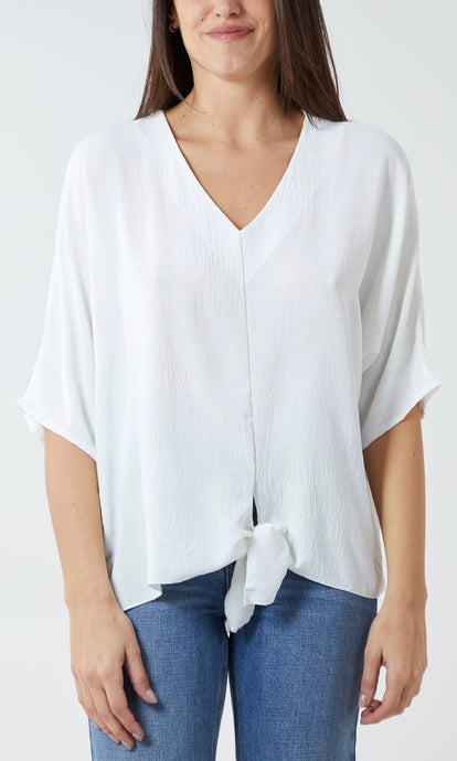 White V-Neck Tie Hem Top
