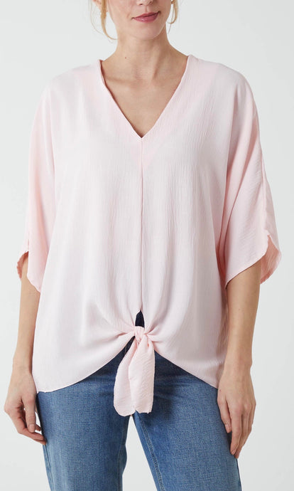 Pale Pink V-Neck Tie Hem Top