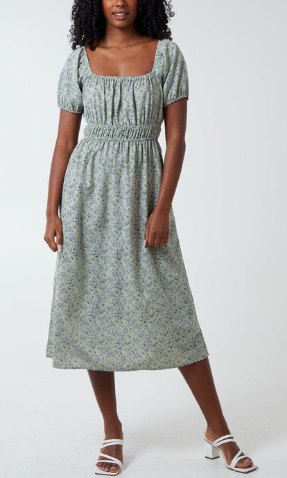 Sage Floral Square Neck  Midi Dress