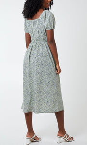 Sage Floral Square Neck  Midi Dress