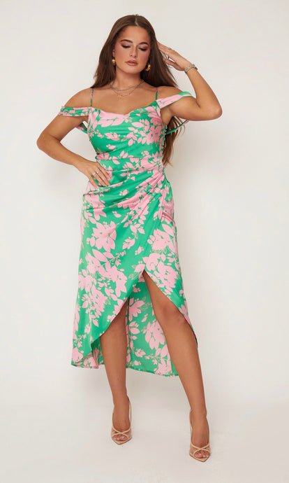 Camila Pink & Green Floral Wrap Over Midi Dress