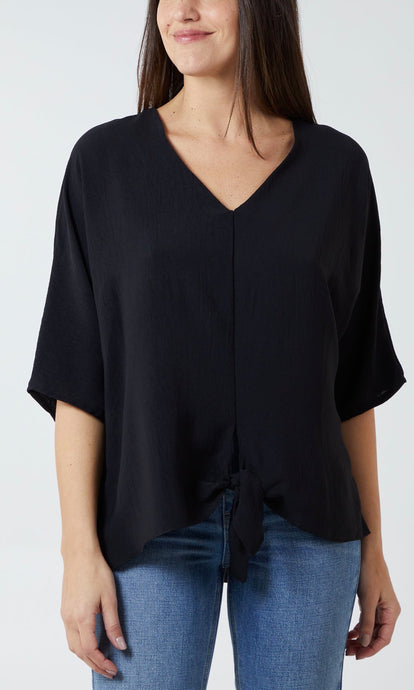 Black V-Neck Tie Hem Top