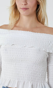 White Shirred Long Sleeve Bardot Top