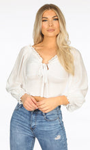 Load image into Gallery viewer, White Shirred Lace Up Off Shoulder Crop Top