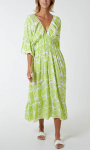 Lime Patterned Shirred Midi Dress