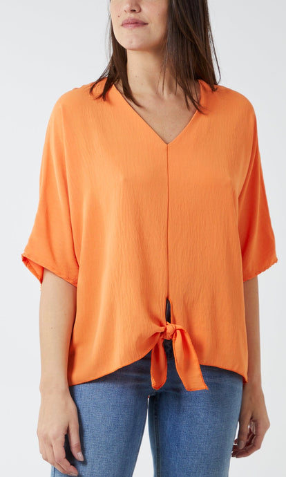 Orange V-Neck Tie Hem Top