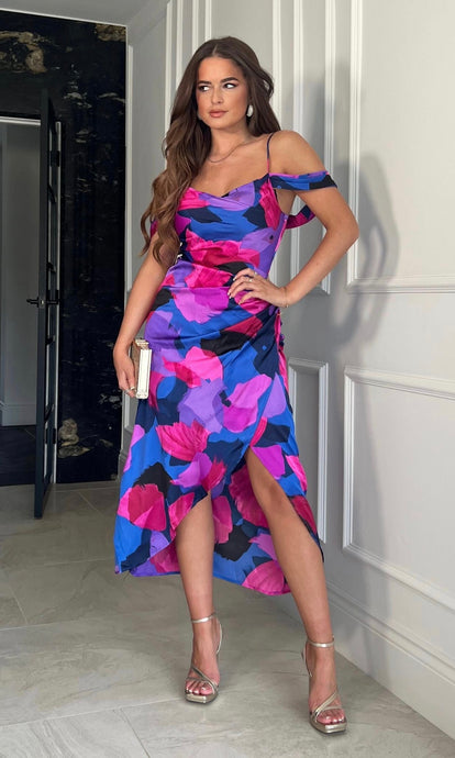 Camila Purple Abstract Wrap Over Midi Dress