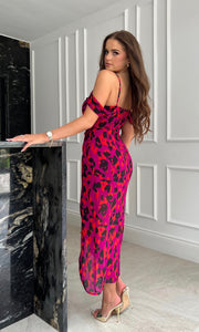 Camila Purple Animal Wrap Over Midi Dress