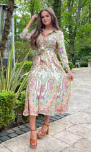 Load image into Gallery viewer, Odette Peach &amp; Green Paisley Print Tie Front Shirt Dress