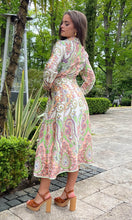 Load image into Gallery viewer, Odette Peach &amp; Green Paisley Print Tie Front Shirt Dress