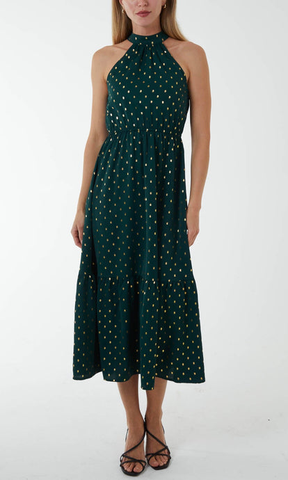 Green Metallic Spot Halter Neck Dress