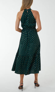 Green Metallic Spot Halter Neck Dress