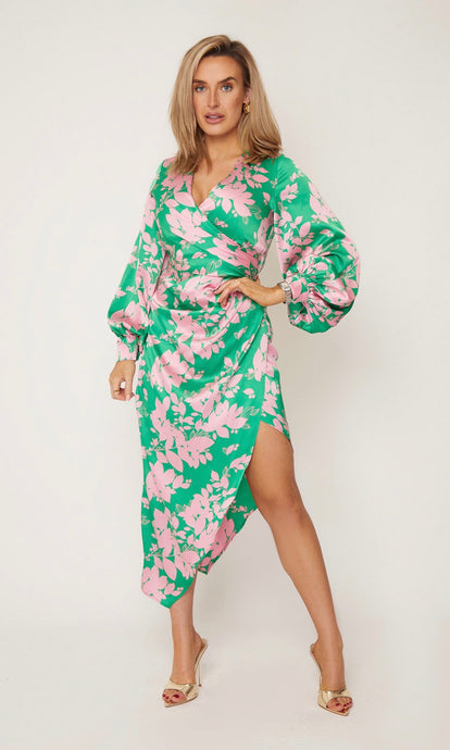 Elsa Pink & Green Floral Long Sleeve Wrap Asymmetric Dress