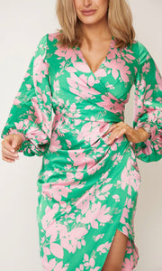Elsa Pink & Green Floral Long Sleeve Wrap Asymmetric Dress