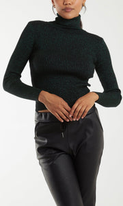 Roll Neck Green Glitter Round Neck Knitted Top