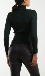 Roll Neck Green Glitter Round Neck Knitted Top