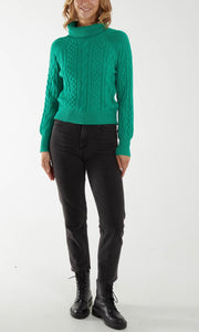 GREEN CABLE KNIT ROLL NECK JUMPER