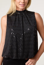 Load image into Gallery viewer, Black High Neck Lurex Puff Ball Blouse