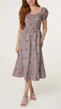 Load image into Gallery viewer, Brown Gingham Floral Milkmaid Dress