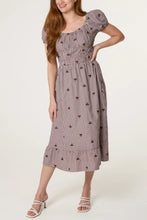 Load image into Gallery viewer, Brown Gingham Floral Milkmaid Dress