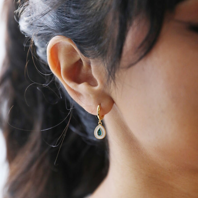 White and Green Enamel Teardrop Huggie Hoop Earrings in Gold