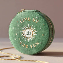 Load image into Gallery viewer, Sun and Moon Embroidered Round Jewellery Case in Green