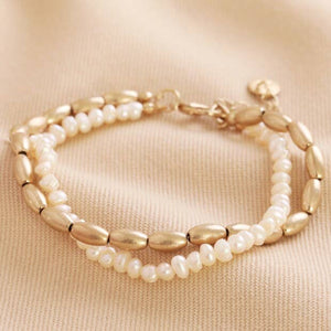 Pearl and Matte Bead Layered Bracelet in Gold