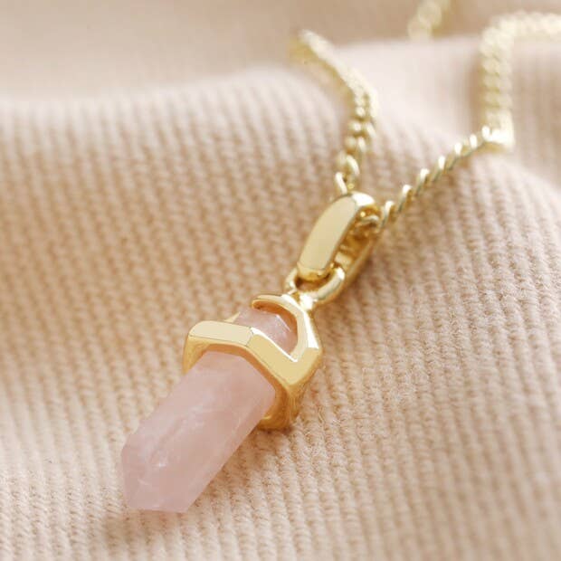 Tiny Rose Quartz Healing Crystal Pendant Necklace Gold