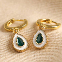 Load image into Gallery viewer, White and Green Enamel Teardrop Huggie Hoop Earrings in Gold