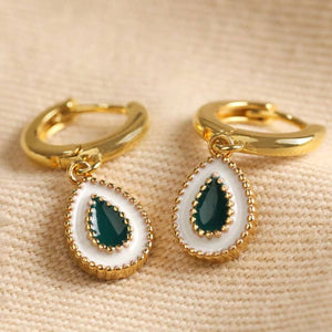 White and Green Enamel Teardrop Huggie Hoop Earrings in Gold