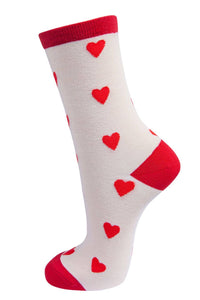 Womens Bamboo Socks Red Love Hearts Novelty Ankle Sock Cream