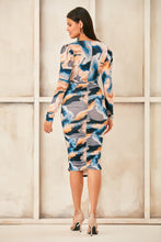 Load image into Gallery viewer, Blue Print V Neck Drape Midi Dress