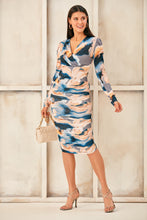Load image into Gallery viewer, Blue Print V Neck Drape Midi Dress