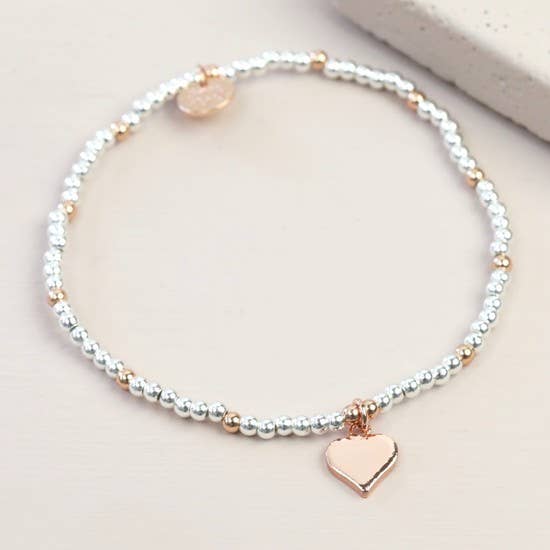 Rose Gold Heart Beaded Bracelet In Silver And Rose Gold