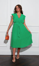 Load image into Gallery viewer, Sylvie Green Wrap Over Pleated Flutter Sleeve Midi Dress