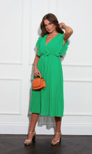 Load image into Gallery viewer, Sylvie Green Wrap Over Pleated Flutter Sleeve Midi Dress