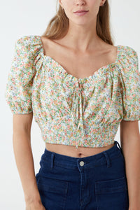 Floral Shirred Waist Milkmaid Crop Top