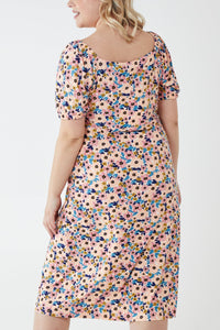 Curve Milkmaid Elasticated Neckline Flower Print Stretch Crepe Midi Dress