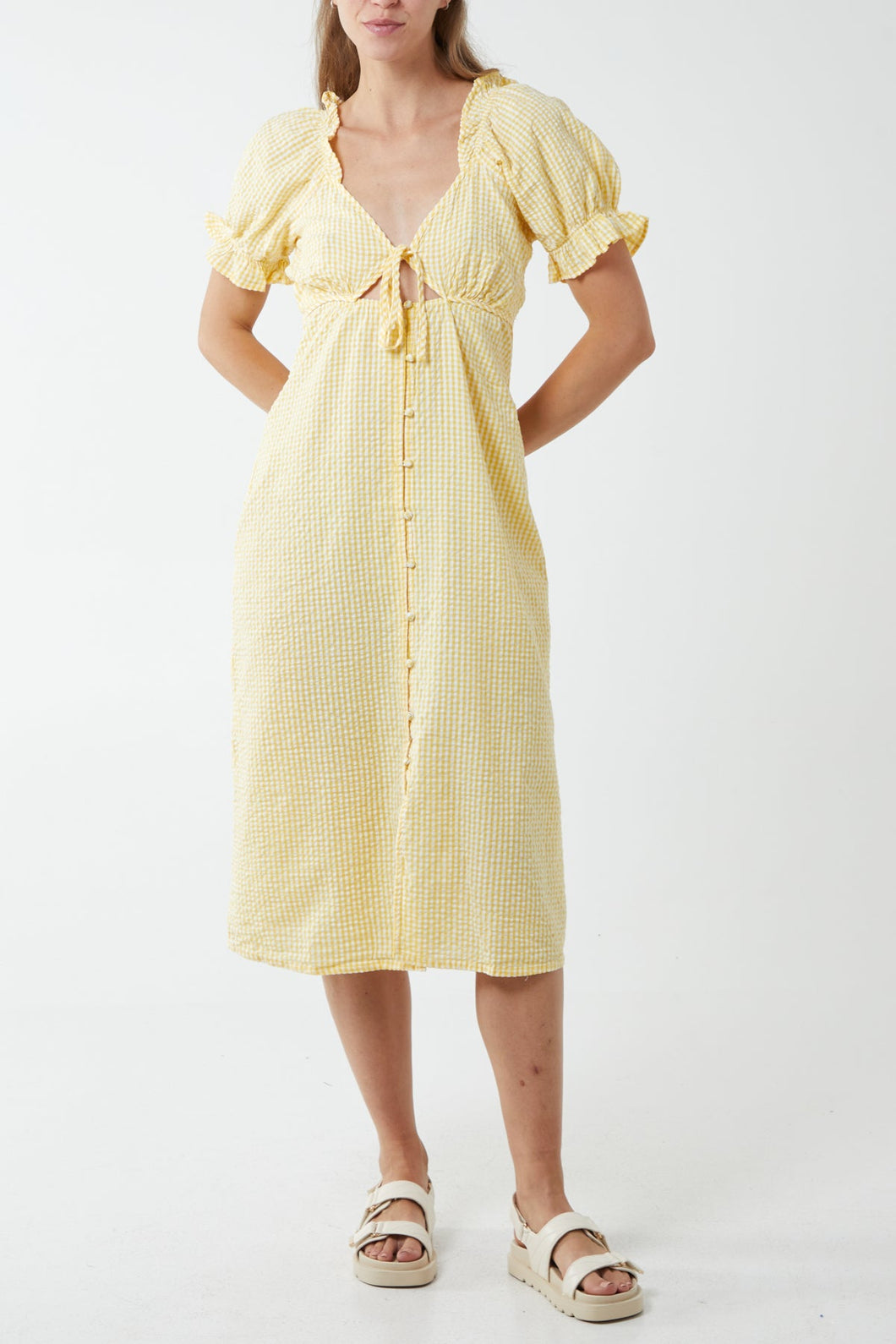 Yellow Gingham Milkmaid Cut Out Midi Dress