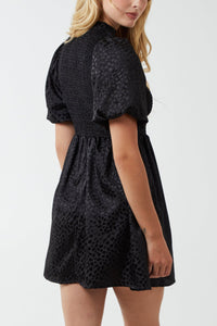 Black Puff Sleeve Shirred High Neck Mini Dress