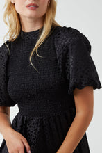 Load image into Gallery viewer, Black Puff Sleeve Shirred High Neck Mini Dress
