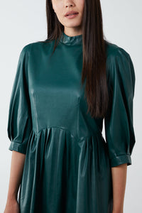 Bottle Green High Neck Puff Sleeve Faux Leather Dress