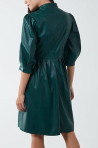 Bottle Green High Neck Puff Sleeve Faux Leather Dress