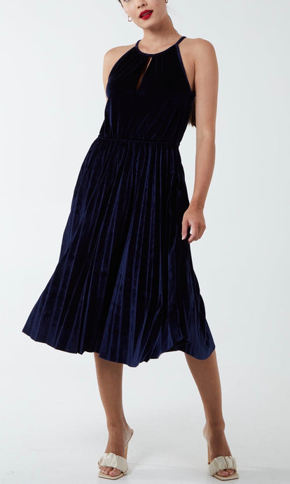 Pleated Navy Velvet Dress