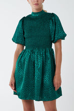 Load image into Gallery viewer, Green Puff Sleeve Shirred High Neck Mini Dress