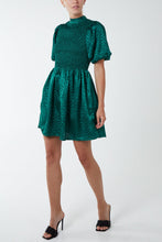 Load image into Gallery viewer, Green Puff Sleeve Shirred High Neck Mini Dress